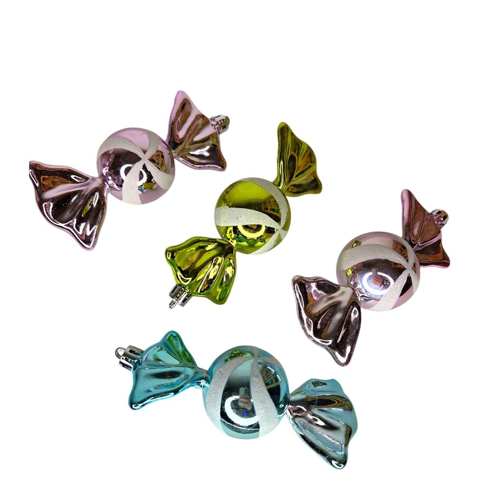 Shatterproof Pastel Candy Christmas Ornaments Set of 4 Pink Blue Green Glitter